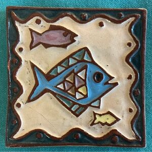 Unique Colorful Fish Themed Clay Tile Trivet Art Wall Hanging